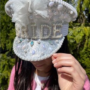 White Pearl Embellished Bride Hat, Sequin Captain Bride Hat, Bachelorette Gift